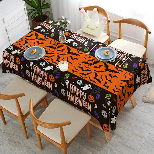 Halloween Tablecloths – Set of 2 Black Spooky Polyester Table Covers with Ghost, Bat & Pumpkin Prints (86.6x51.2 Inches)
