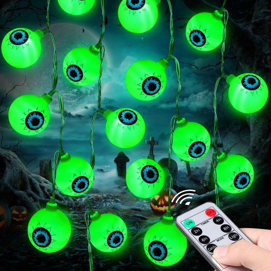 17Ft Green Halloween Eyeball String Lights – 30 LED 3D Bloodshot Eyes with Remote, 8 Modes & Timer for Spooky Décor