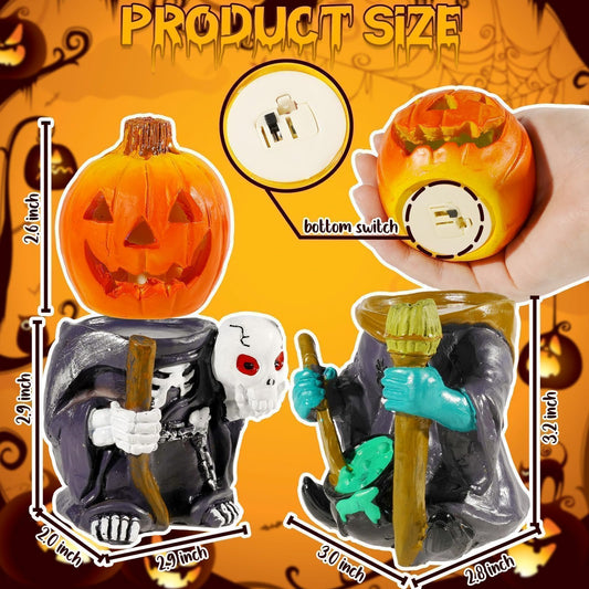 Vintage Halloween Resin Pumpkin Set – Hand-Painted Skeleton & Witch Figurines with Glow Base (Multicolor, 2-Pack)