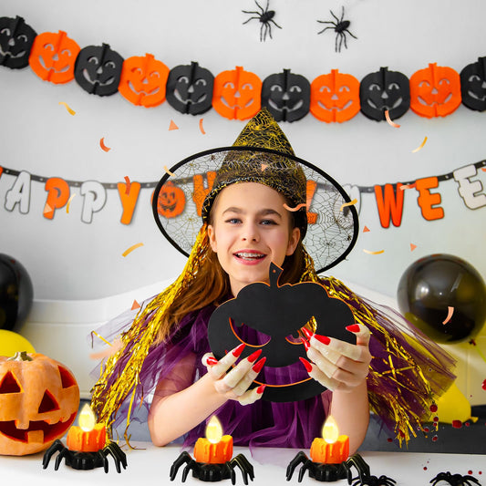 Flameless Halloween Spider Tealight Candles – 6 Black Spiders with Orange LED Lights for Creepy Party Decor