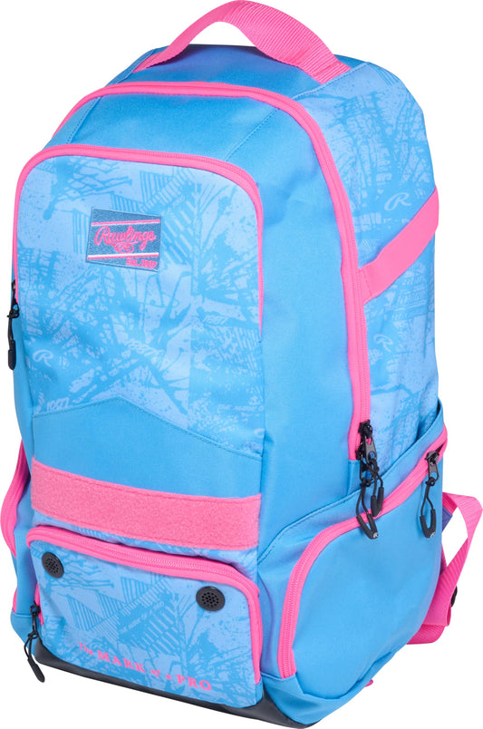 Rawlings Gamer Series Baseball Backpack – Dual Bat Sleeves, Ventilated Cleat Pocket & Pro Athletic Design (Columbia Blue/Pink)