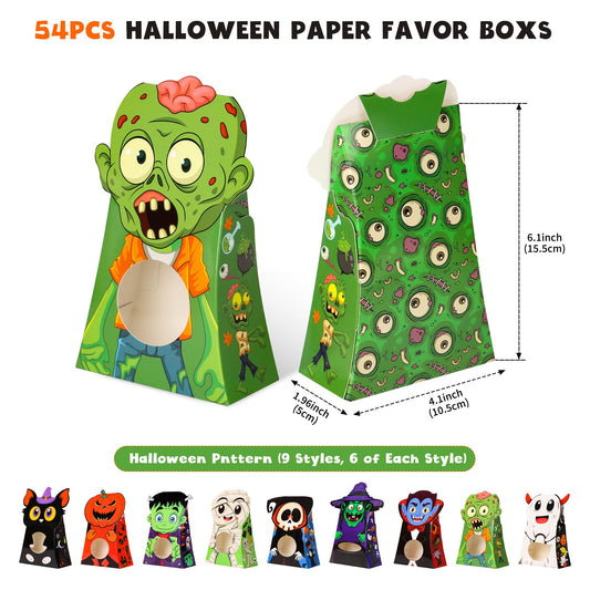 54-Pack Halloween Goodie Treat Boxes with 9 Unique Designs – Candy, Cookie & Party Favor Boxes with Viewing Window
