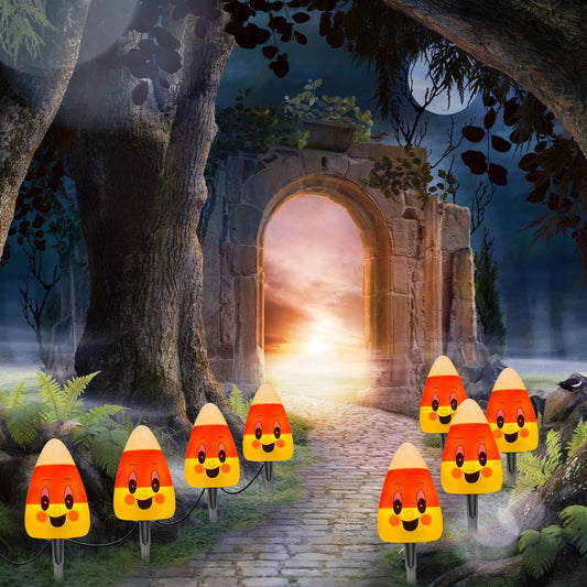 7FT Halloween Candy Corn Pathway Lights – Outdoor LED Walkway Marker Stakes (4 Corncob Lights, Waterproof, Connectable)