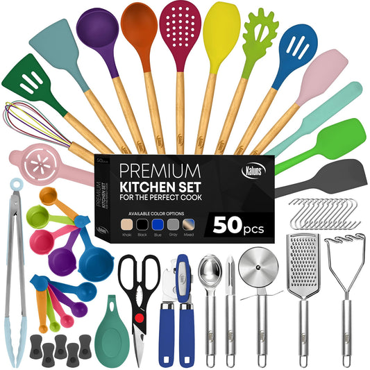 50-Piece Silicone, Stainless Steel & Wood Kitchen Utensil Set – Heat Resistant, Non-Stick Safe (Multicolor)