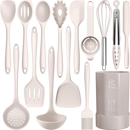 15-Piece Food-Grade Silicone Kitchen Utensil Set with Holder – Heat Resistant, Non-Stick Safe (Khaki)