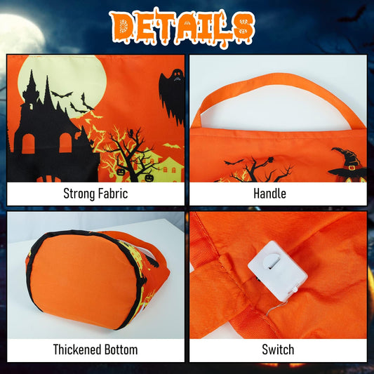 LED Light-Up Halloween Trick or Treat Bag – Pumpkin Design, Large Candy Bucket (Orange, 9x9 in)