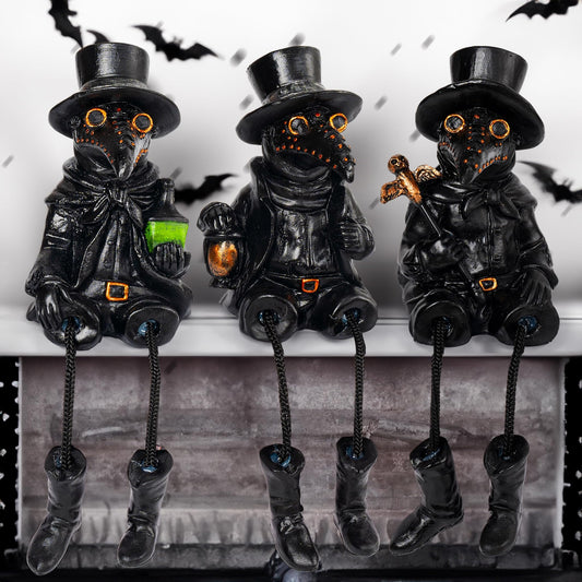 Vintage Plague Doctor Figurines (Set of 3) – Resin Halloween Shelf Sitters with Dangling Legs