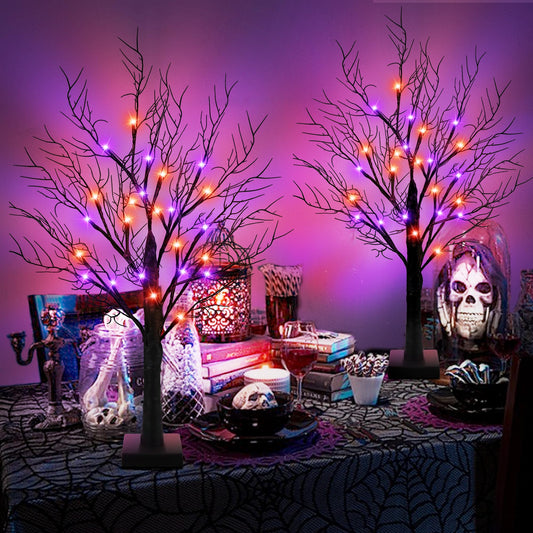 Set of 2 Black Halloween Trees – 24” Light-Up Tabletop Decor with 24 Orange & Purple LED Lights
