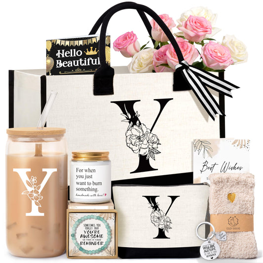 LePiche Personalized Initial Tote Bag Gift Set for Women – Monogram Canvas Tote, Cosmetic Bag & Glass Cup (Initial Y)