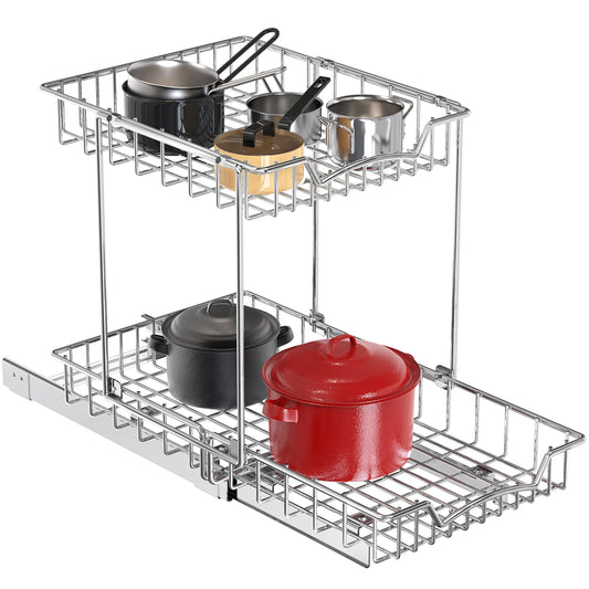 2-Tier Pull-Out Under Cabinet Organizer – Chrome Sliding Shelf with Heavy-Duty Ball Bearings (L-L)