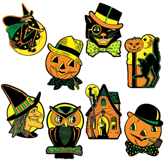Beistle Vintage Halloween Cutouts – 4 Pack Double-Sided Retro Decorations Featuring Witches, Pumpkins, Cats & Haunted Houses (Made in USA)