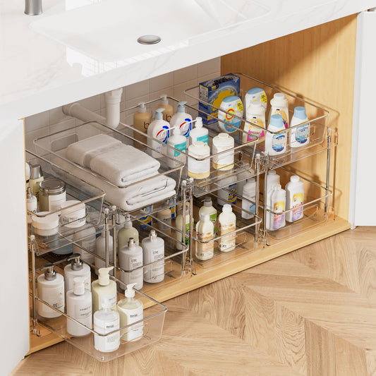 2-Tier Under Sink Organizer with Slide-Out Drawers – Clear Bathroom & Kitchen Storage Rack with Handles