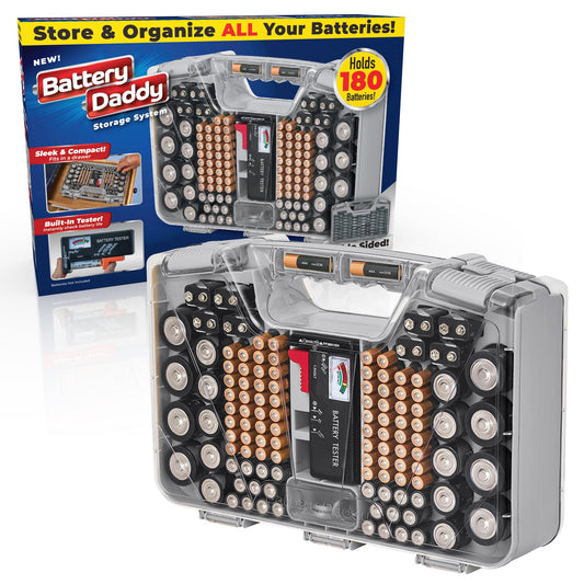 ONTEL Battery Daddy Double-Sided Battery Organizer Case with Tester – Portable Storage for up to 180 Batteries (Warm Grey)