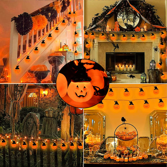 Halloween Pumpkin String Lights with Hats – 8.5Ft 10-Lantern Outdoor Jack-O’-Lantern Light Set, UL Listed Waterproof Decoration