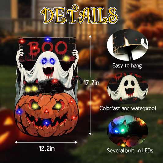 Halloween Solar Garden Flag 12x18" – Pumpkin LED Outdoor Yard Banner, Double-Sided UV-Resistant Oxford Décor