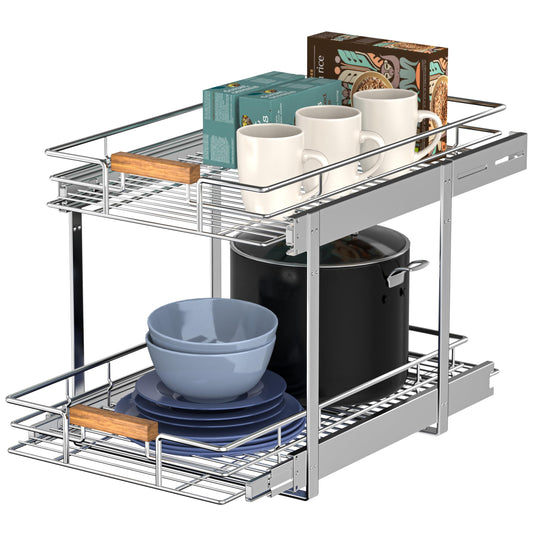 Mount Walker 2-Tier Pull-Out Wire Basket Cabinet Organizer with Wood Handle – Heavy-Duty Slide-Out Shelf