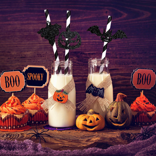 Halloween Paper Straws with Pumpkin, Bat & Witch Card Toppers – 18 Pcs Black/White Party Drinking Straws