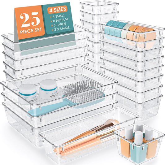 Clear Drawer Organizer Set (25-Piece) – Stackable Non-Slip Storage Trays for Kitchen, Bathroom, Office & Vanity