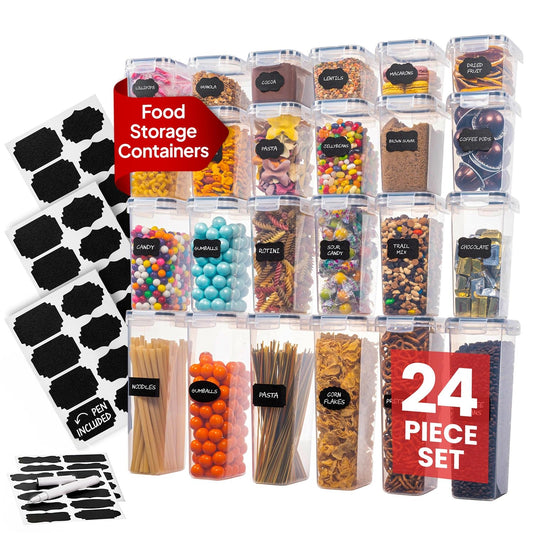 Airtight Food Storage Containers – 24 Pack Clear Pantry Canisters with Locking Lids & Labels