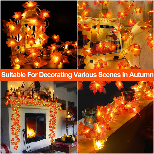 Fall Maple Leaf String Lights – 2 Pack 20FT (40 LED) Battery Operated Garland for Halloween & Thanksgiving Decor (Orange/Yellow, Waterproof)