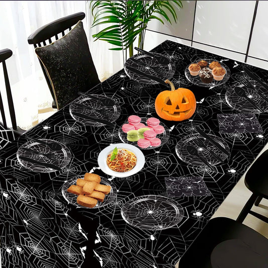 Halloween Party Supplies Set – 89 Pcs Black Spider Web Plates, Cups, Napkins & Tablecloth for Spooky Celebrations