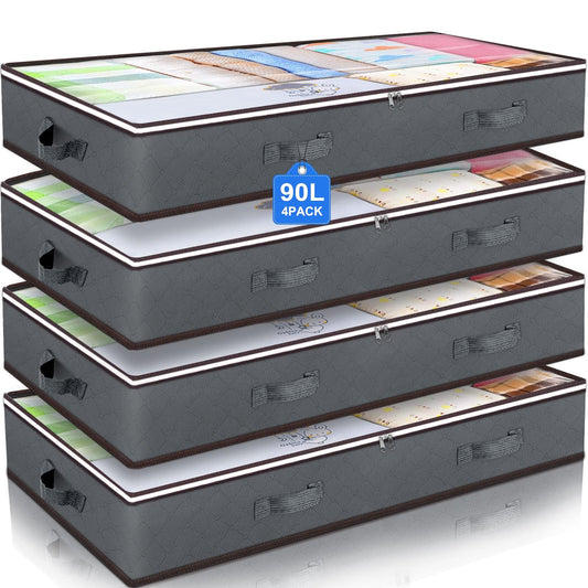 Budding Joy 90L Under Bed Storage Containers – Foldable Closet Organizer Bags with Clear Window (Grey)