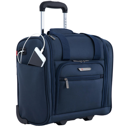 TPRC 15” Smart Underseat Carry-On Luggage with USB Charging Port, Compact Rolling Travel Bag (Navy Blue)