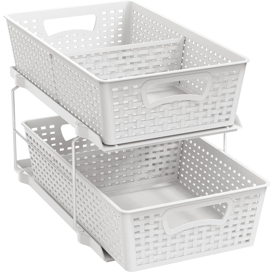 2-Tier Pull-Out Bathroom Organizer Tray – White Under-Sink Sliding Storage with Divider