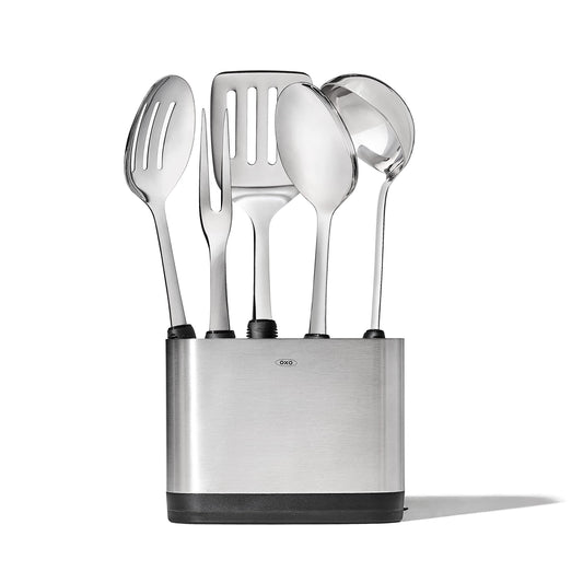 6-Piece Stainless Steel Prep & Serve Utensil Set with Holder – Elegant Kitchen-to-Table Design