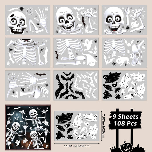 108-Piece Halloween Window Decals – Ghosts, Bats & Skeletons Static Clings for Home, Party & Car Decorations 👻🕸️