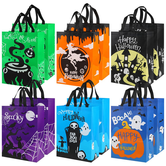12-Pack Large Halloween Tote Bags with Handles – 6 Styles Non-Woven Reusable Gift Bags for Candy, Snacks & Party Favors