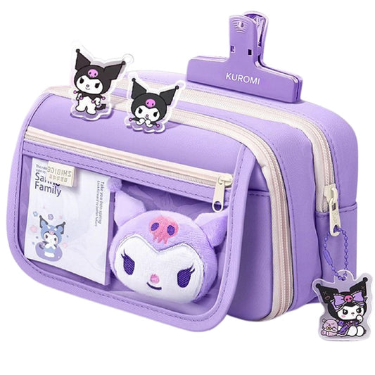 Kuromi Transparent Multi-Compartment Pencil Case – Large Capacity, Free Stickers, Violet-White Design