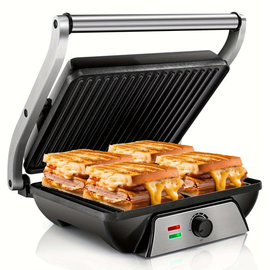 3-in-1 Electric Indoor Grill & Panini Press - 1400W Dual-Sided Non-Stick Grill with 180° Floating Hinge, Adjustable Temp (365°F-410°F), 60-Min Timer, Overheat/Quick Cook Modes & Grease Tray - Compact Black Kitchen Applianc - PulinGO