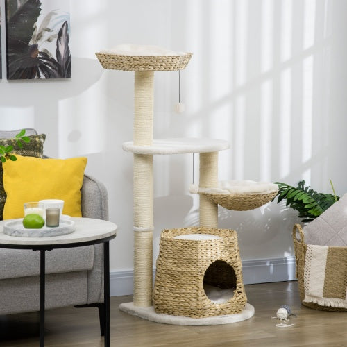 PawHut 47" Cat Tree – Kitty Activity Center with Fluff Bed, Condo, Sisal Scratching Post & Hanging Ball, Natural