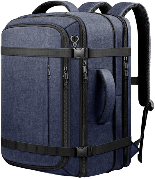 Expandable 40–50L Carry-On Travel Backpack with USB Cable Port – 17.3” Laptop, Blue