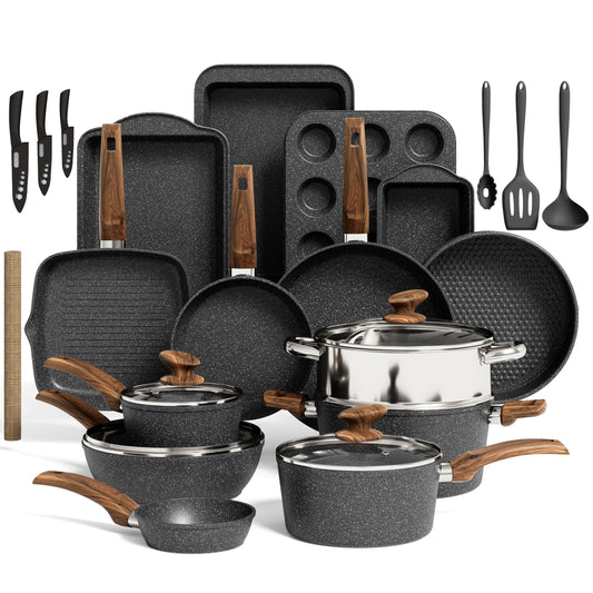 30-Piece Nonstick Granite Cookware & Bakeware Set with Induction Compatibility
