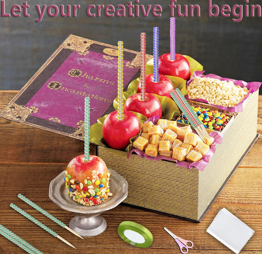 Luxury Candy Apple Stick Kit – 24 Rhinestone Sticks, 24 Bags, Silver Ribbon & Scissors – Black + Silver Caramel Apple Decorating Set
