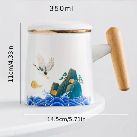 Crane-Patterned Ceramic Teacup with Lid & Filter – Perfect Gift - PulinGO