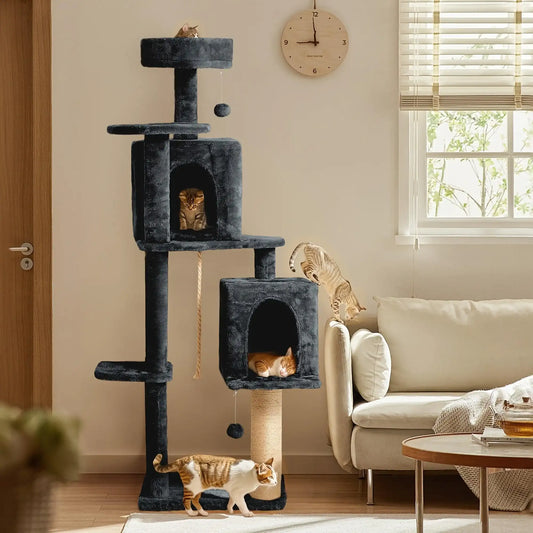 Dark Grey Multi-Level Cat Tree – Scratching Posts, Cozy Houses & Hanging Toys - PulinGO