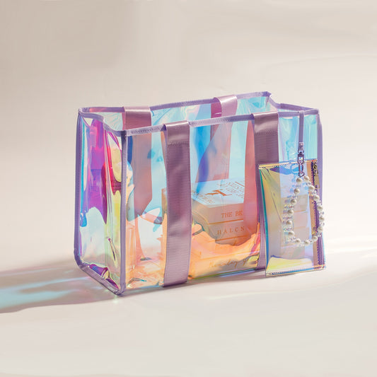 Women’s Beach Bag – Large Rainbow Clear Tote with Waterproof Phone Pocket