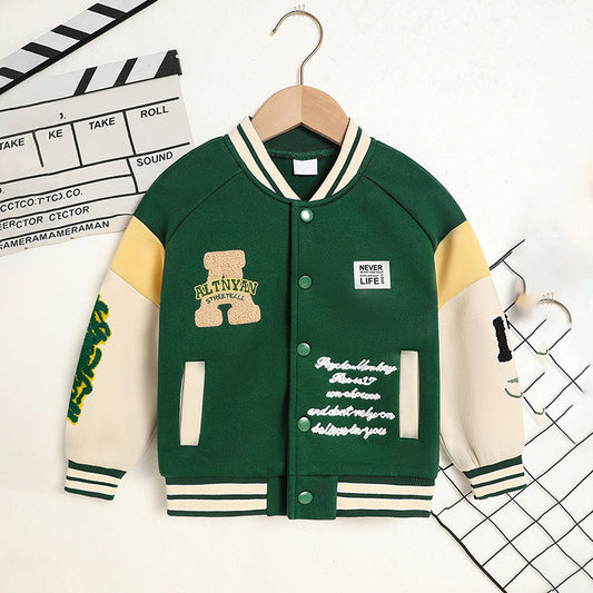 Toddler Kids Girls & Boys Embroidery Letters Print Jacket – Baseball Collar Casual Sports Coat