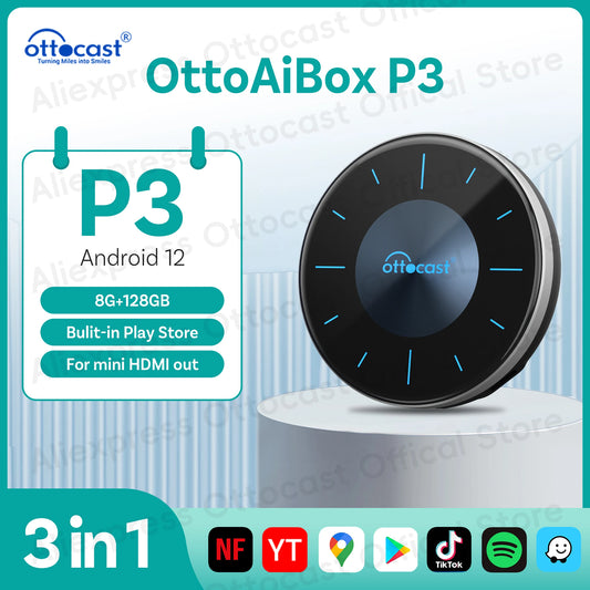 Ottocast P3 Android AI Box – Wireless CarPlay & Android Auto TV Box with HDMI Out, YouTube & Netflix Support