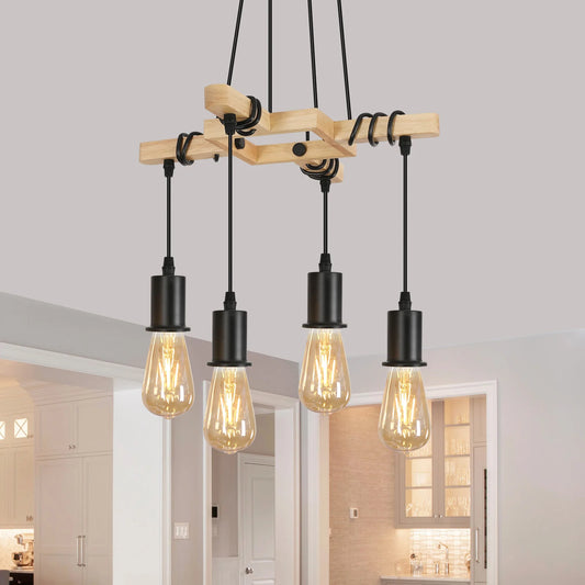 Industrial Modern Vintage Hanging Lamp – Wooden Pendant Style with Adjustable E27 Iron Rope Swag Lighting
