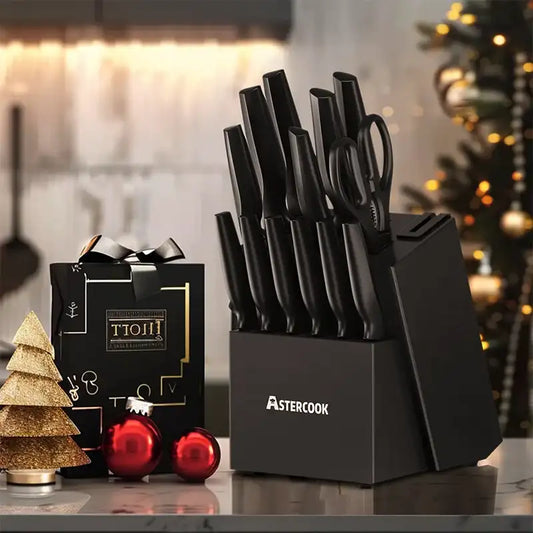 15-Piece German Stainless Steel Kitchen Knife Set with Block & Built-in Sharpener – Dishwasher Safe