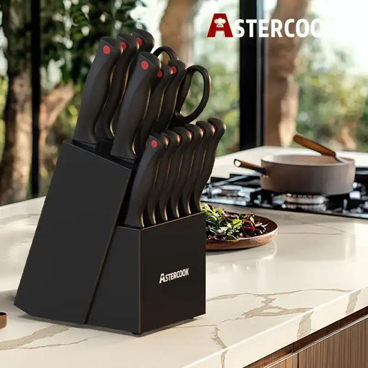 “15-Piece Astercook Knife Set with Block – German Stainless Steel Kitchen Knives Dishwasher Safe with Built-in Sharpener”