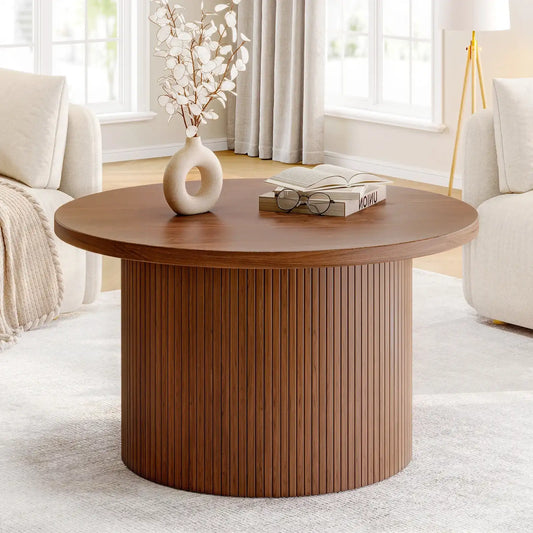 31.5″ Round Tambour Design Coffee Table – Mid Century Modern Wood Drum Accent Center Table, Walnut