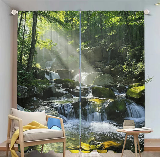 2Pcs Mountain Stream Curtains – 3D Sunlight Forest Pattern, Living Room & Bedroom Nature Decor