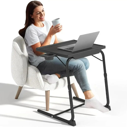 Adjustable TV Tray Table with Cup-Holder – Rolling & Folding Couch/Laptop Desk with 6 Height & 3 Tilt Angles 🎮🛋️ Adjustable TV Tray Table with Cup‑Holder