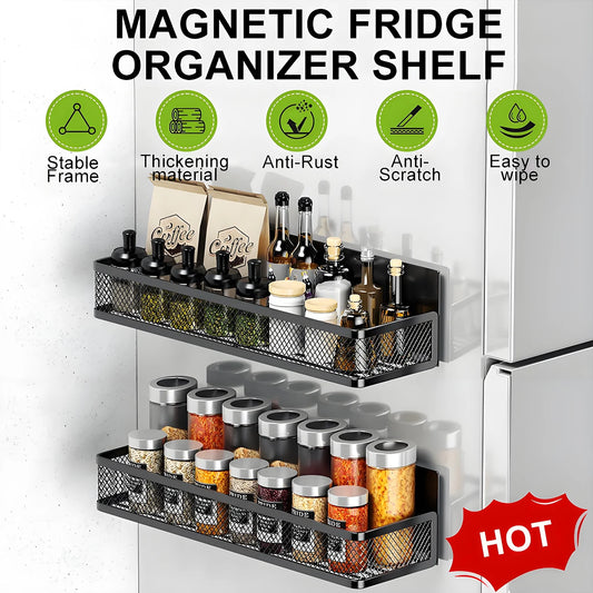 Magnetic Spice Rack for Refrigerator – 3-Pack Magnetic Shelf with 8‑Hook Rack, Moveable Fridge Organizer 🧂🧲