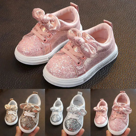 Lioraitiin Girls’ Soft Sole Sports Sneakers – Casual Kids’ Shoes with Sequins, Shiny Design & Cute Bowknot Accent